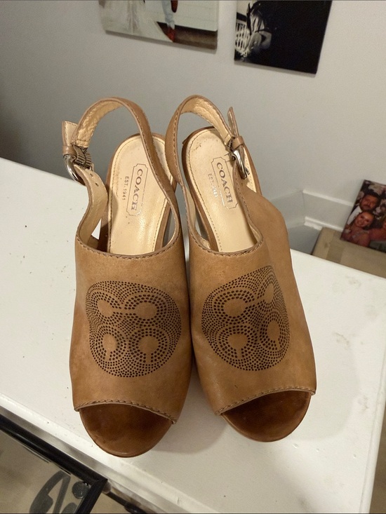 Coach Shoes - COACH Women's Tan Leather Perforated Slingback Wedge Sandals